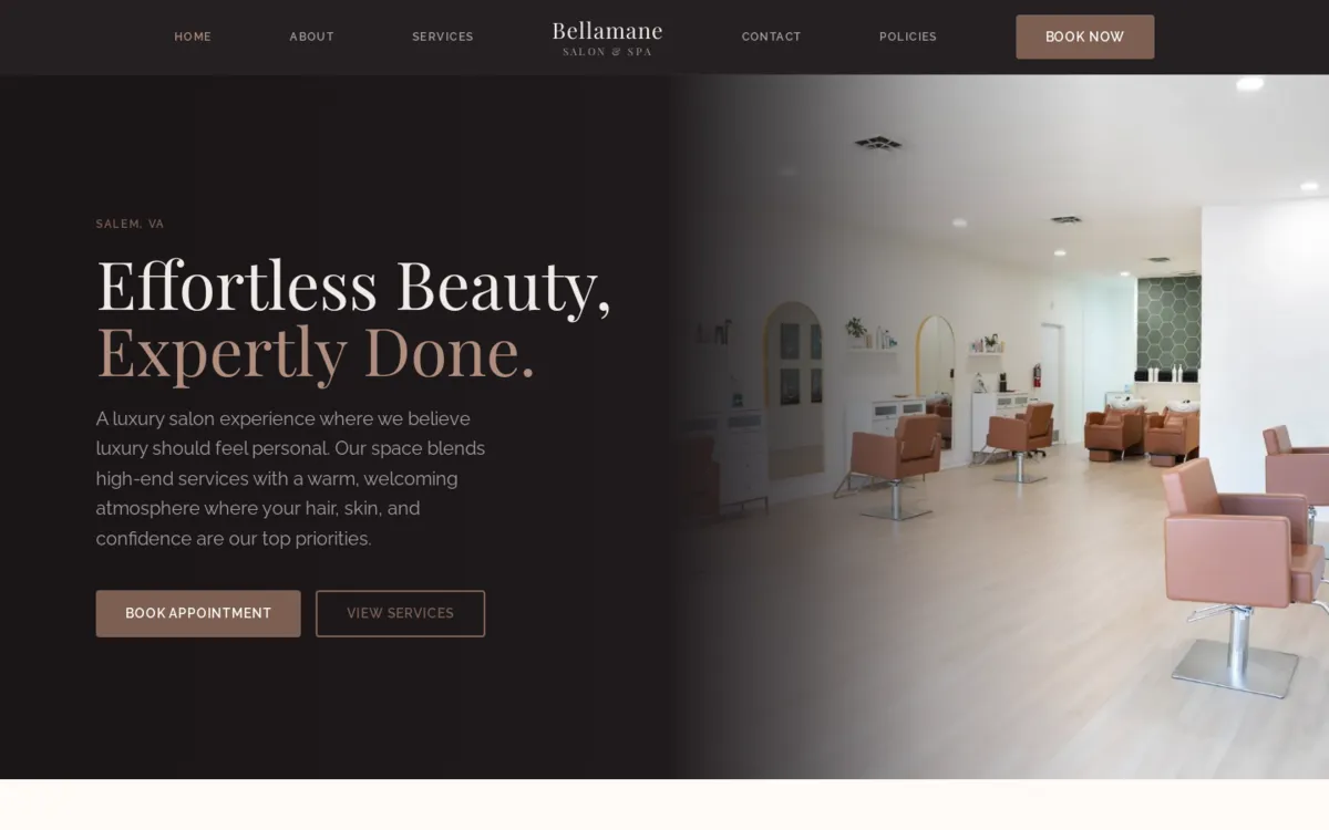 Bellamane Salon & Spa website on a desktop browser