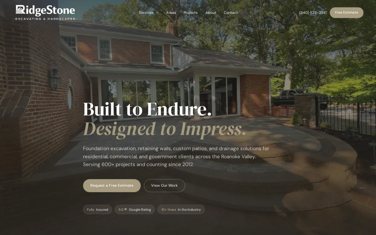 Ridgestone Excavating website on a desktop browser